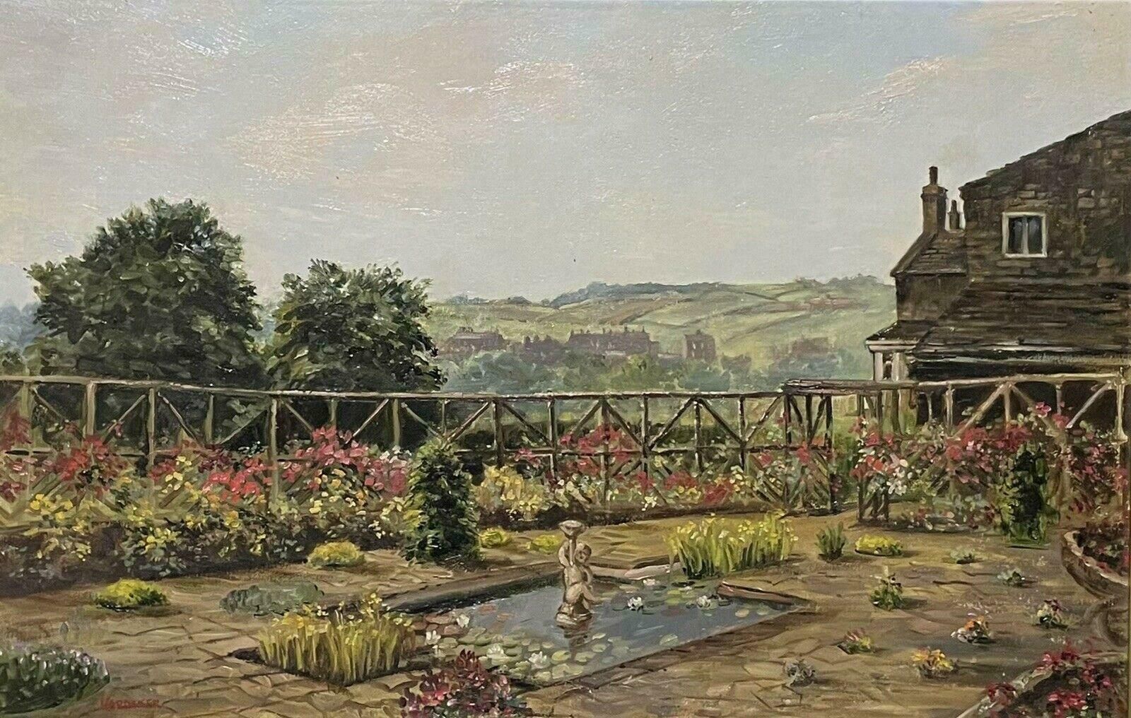 British Schoolcountry House Garden And Terrace Far Reaching Panoramic Landscape Views, Oil
