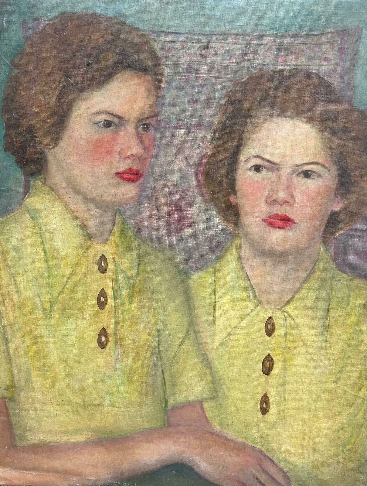 French School1930's Large French Oil Painting Twin Sisters In Yellow Blouses In Interior1930's