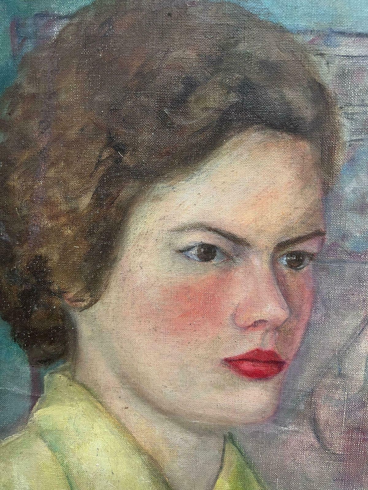 French School1930's Large French Oil Painting Twin Sisters In Yellow Blouses In Interior1930's photo 1074.0
