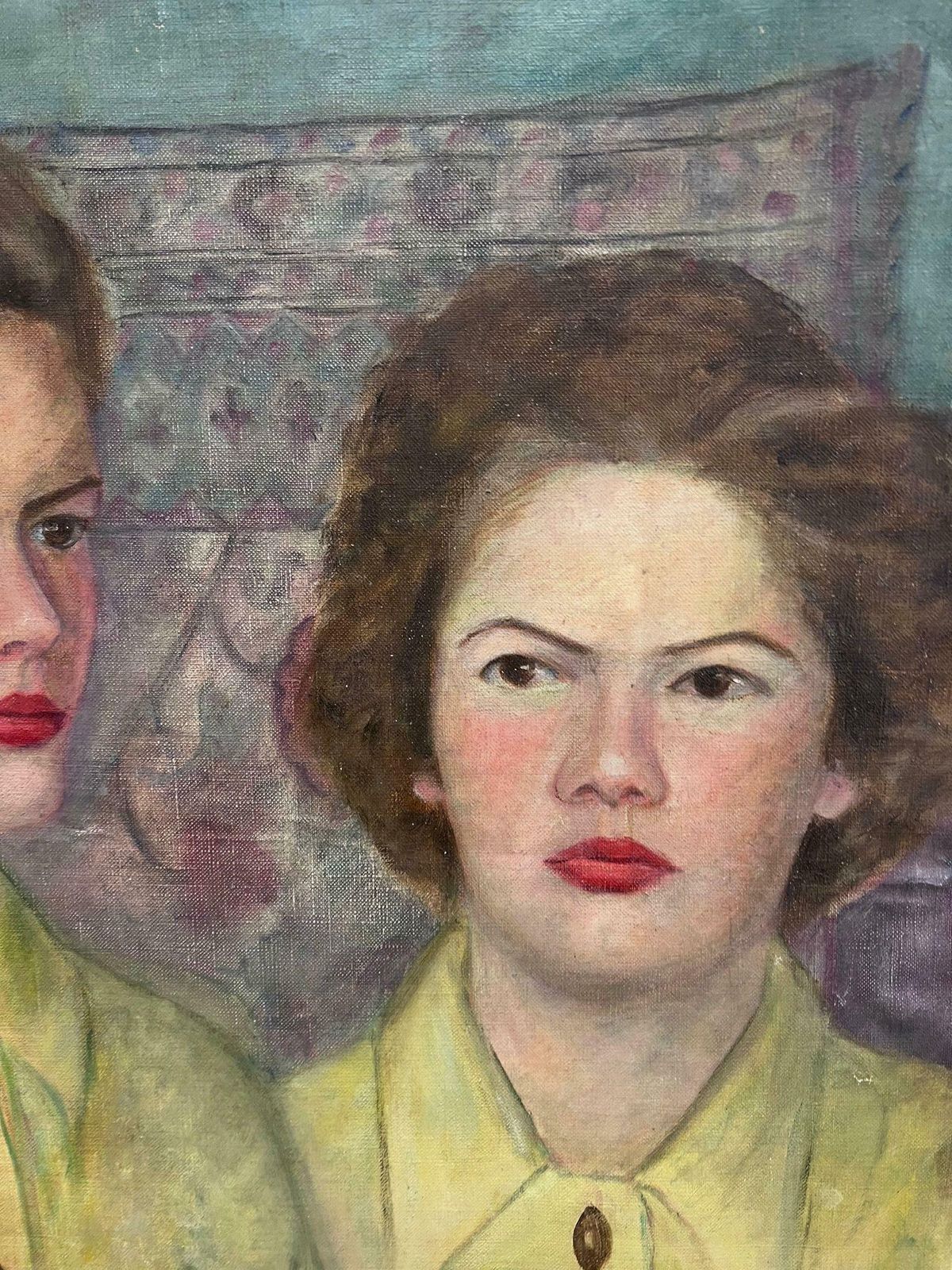 French School1930's Large French Oil Painting Twin Sisters In Yellow Blouses In Interior1930's photo buy