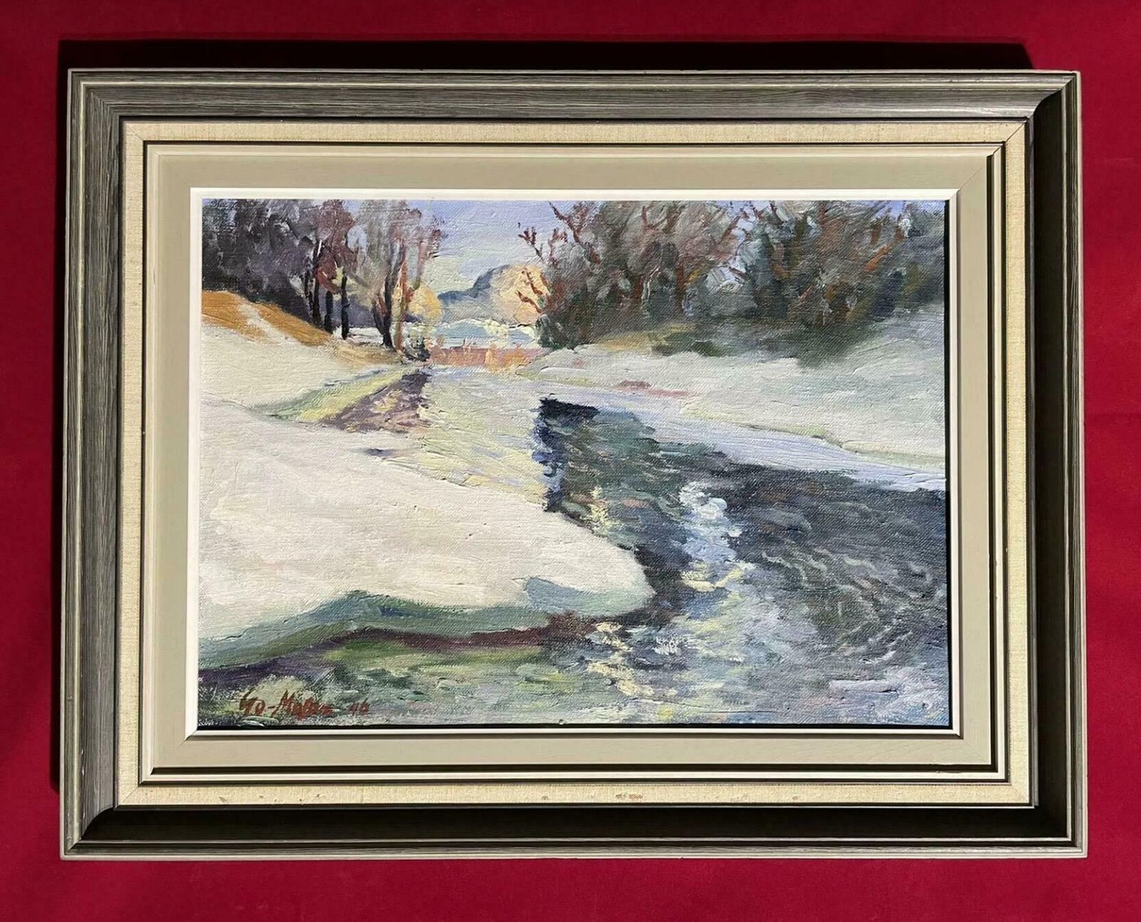 Swedish Signed1940s Swedish Signed Oil Painting   Winter Snow River Landscape   Framedc. 1940's photo furniture