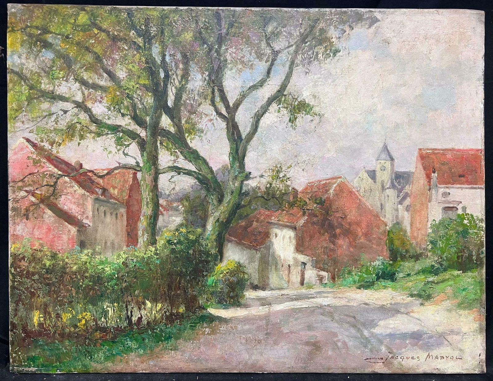 Jacques Madyol1930's Belgian Impressionist Signed Large Oil Dappled Lit Autumn Street Village1930's photo furniture