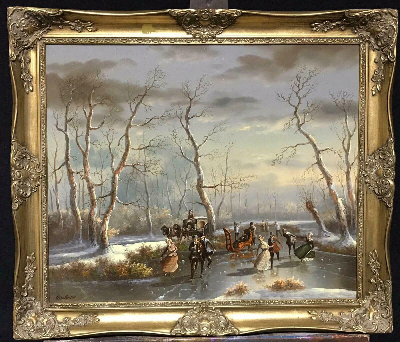Dutch Schoolclassical Dutch Winter Scene Oil Painting   Figures Skating On Ice   Signed20th Century photo for sale