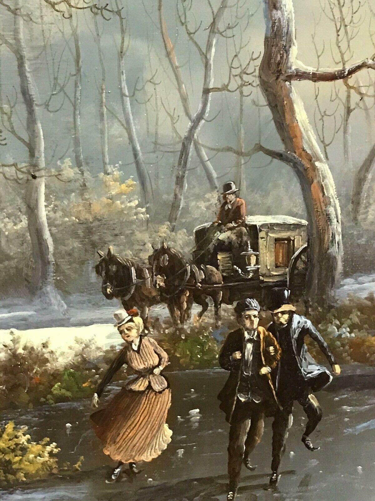 Dutch Schoolclassical Dutch Winter Scene Oil Painting   Figures Skating On Ice   Signed20th Century photo buy
