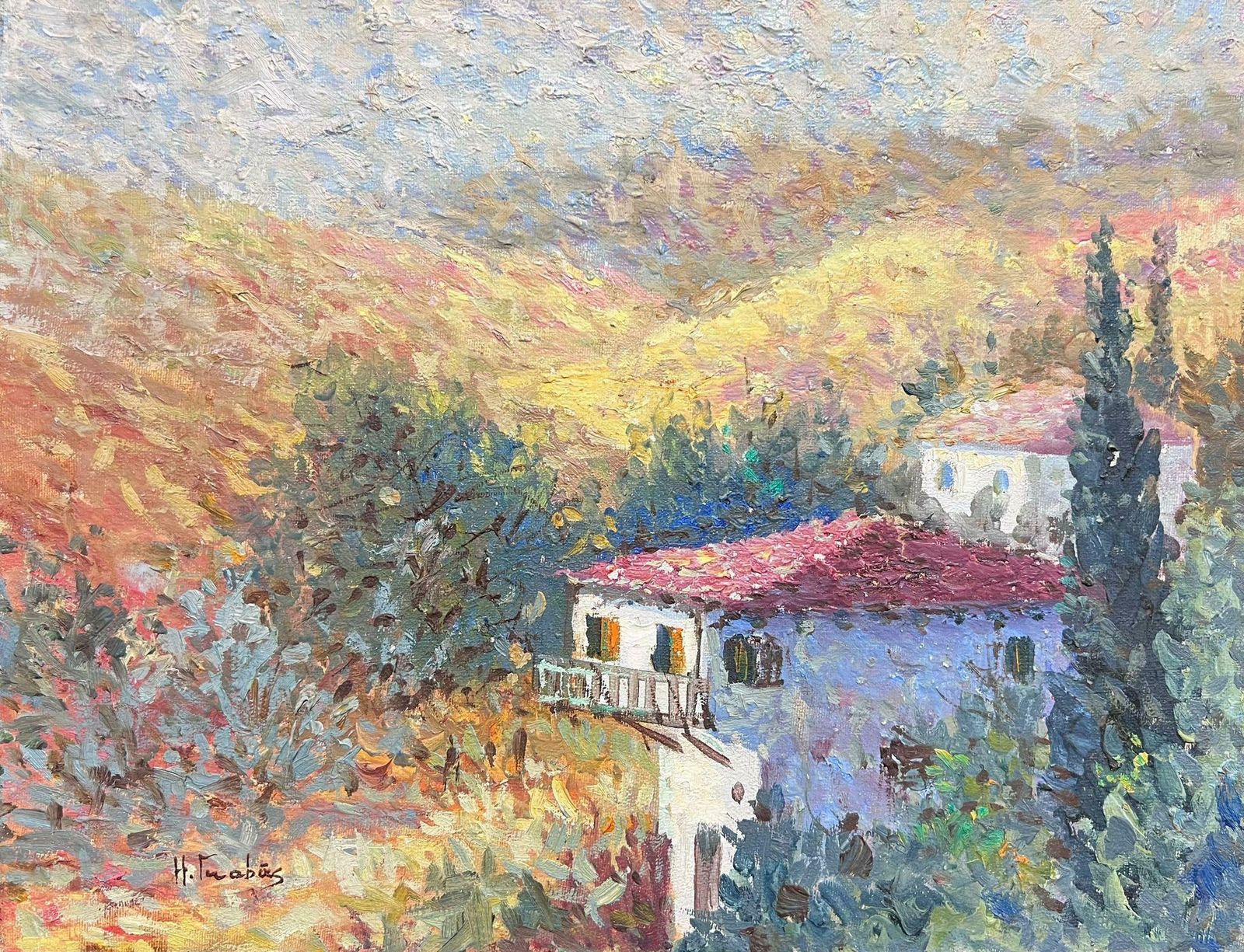 French Schoolfrench Impressionist Signed Oil Painting Provencal Landscape With Stone House20th