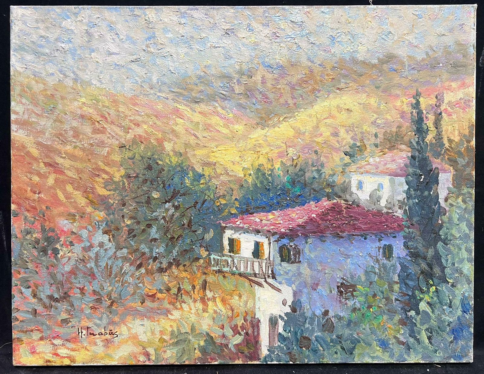 French Schoolfrench Impressionist Signed Oil Painting Provencal Landscape With Stone House20th photo furniture