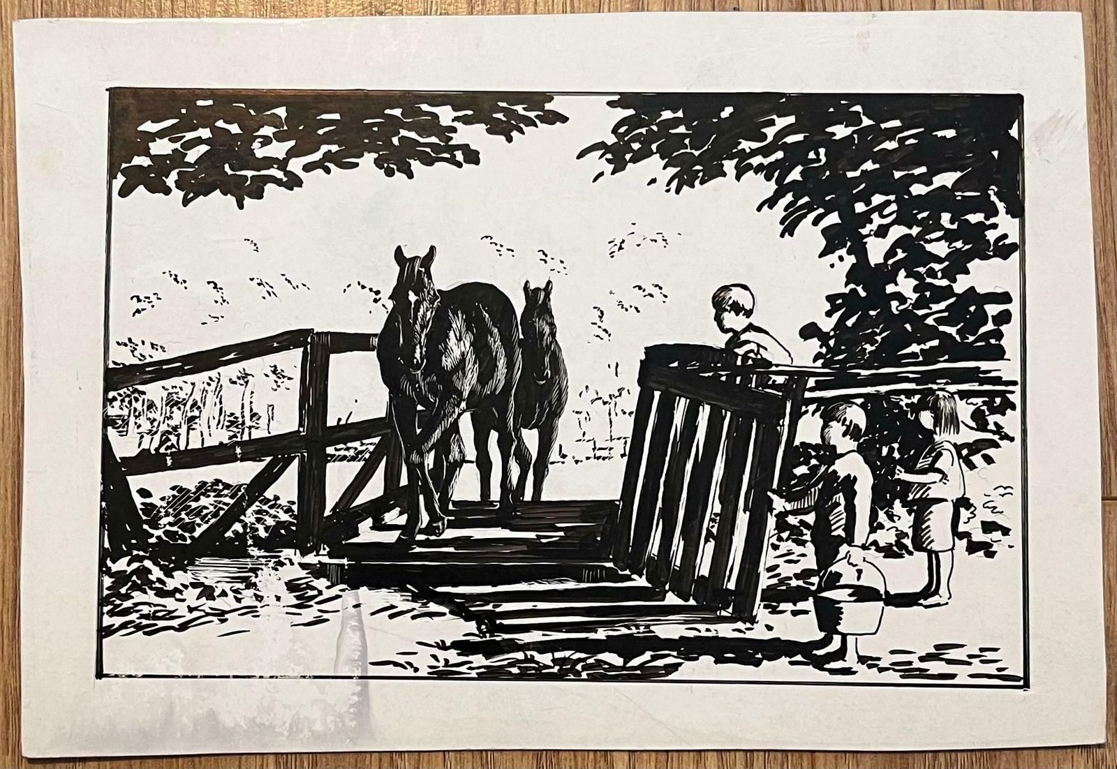 Robert Ladouoriginal French Study Of Children Watching Horses Cross A Bridge20th Century photo furniture
