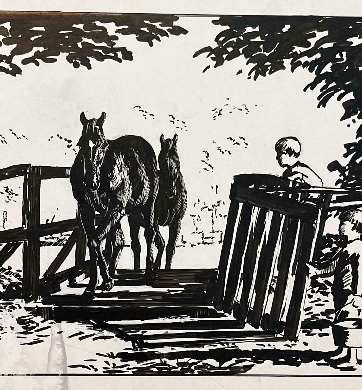 Robert Ladouoriginal French Study Of Children Watching Horses Cross A Bridge20th Century photo 509.0