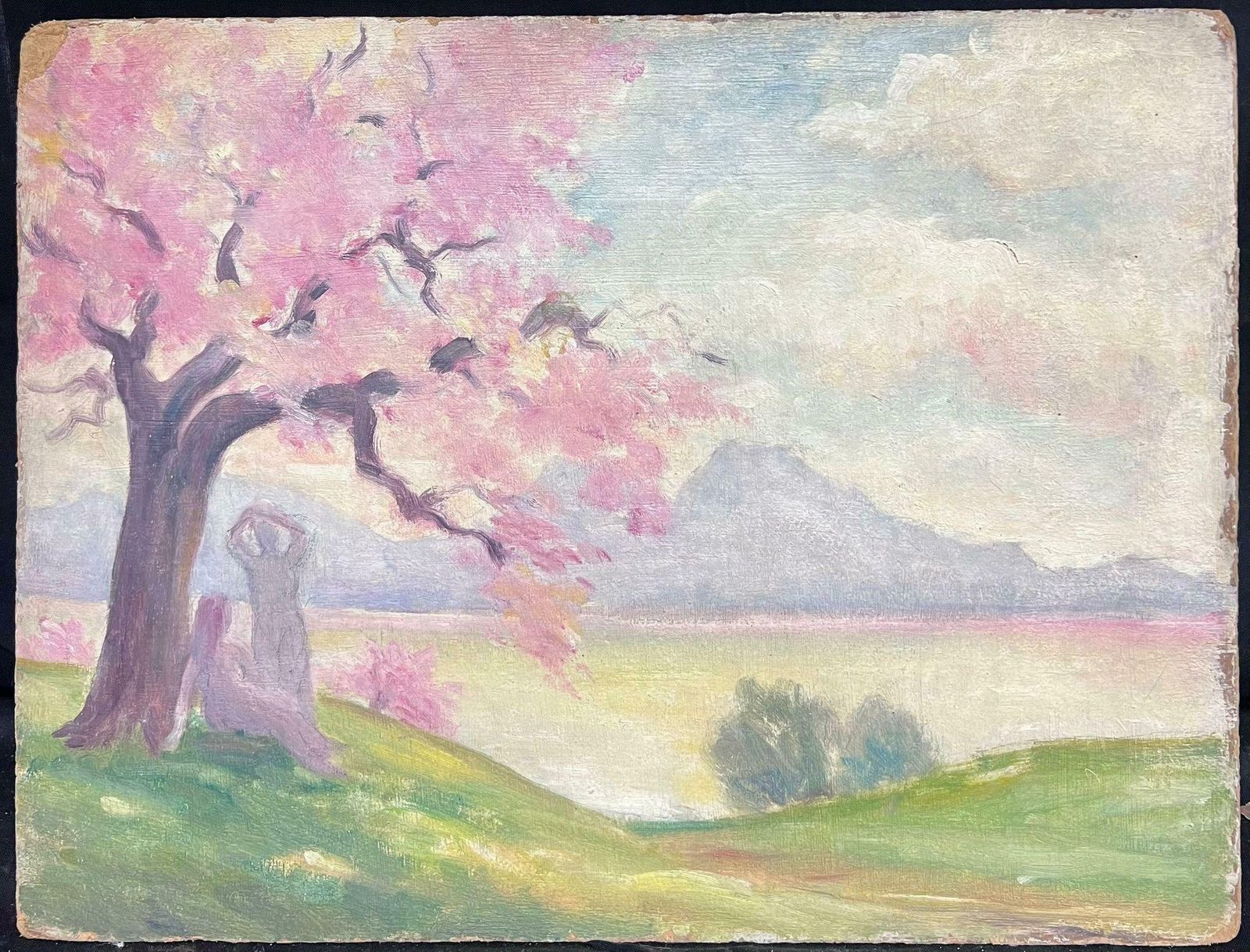 Regine Davidbathers By French Lake Pink Blossom Trees 1950's French Post Impressionist Oil 1950's photo furniture