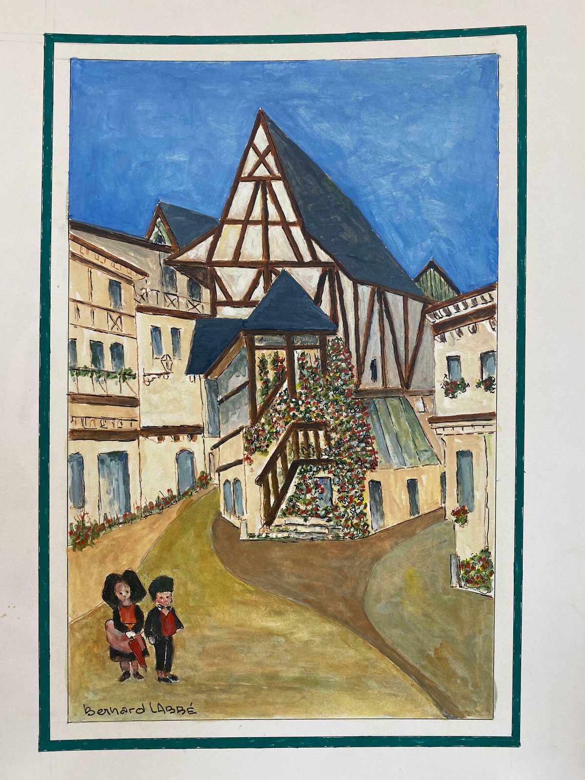 Bernard Labbe1950's French Modernist/ Cubist Painting  Beautiful French Town With Two Figures1950's