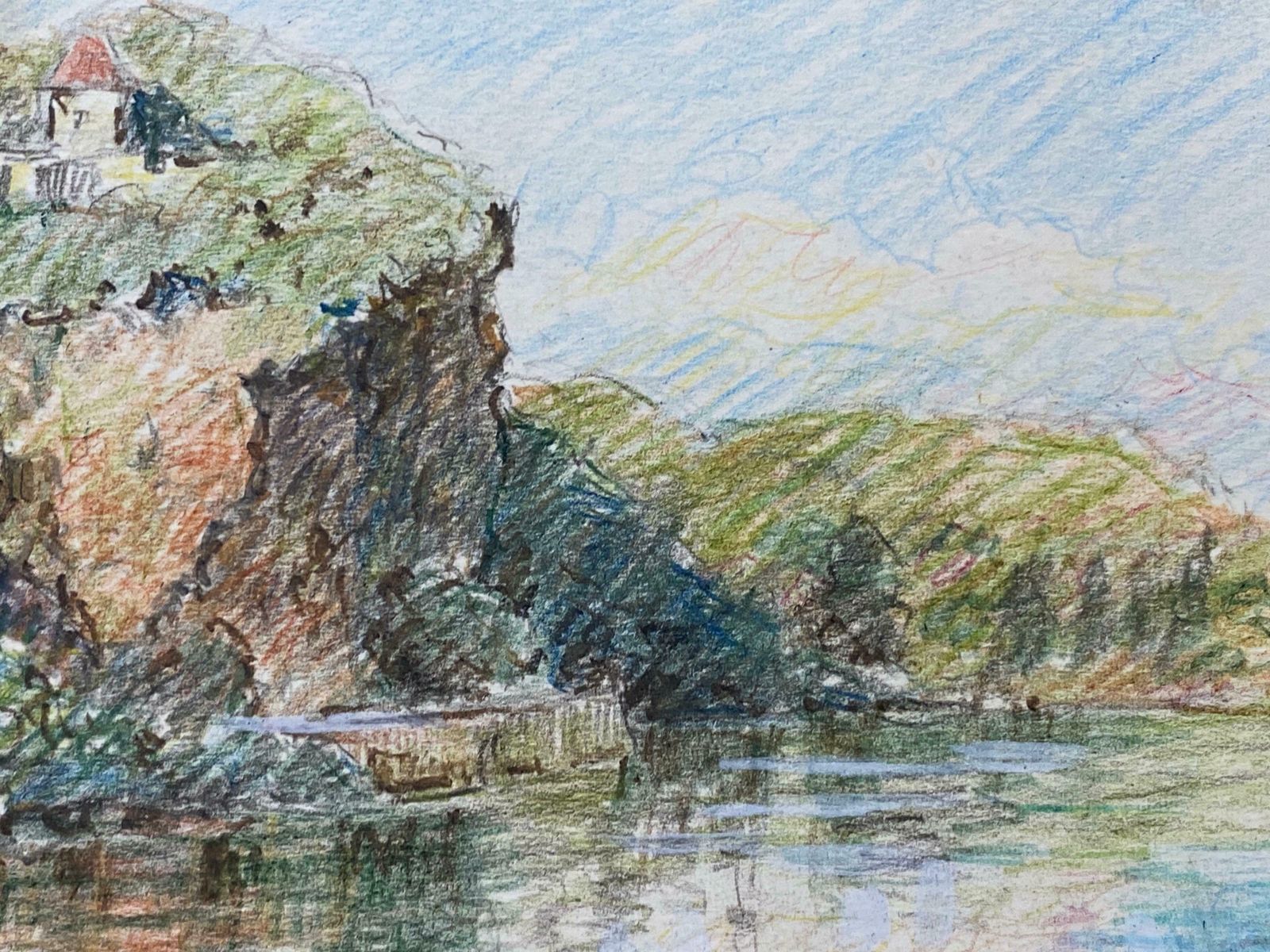 Camille Meriotvitrac France French Signed Impressionist Crayon Drawing   Cliffs Over Lakec. 1940's photo Art