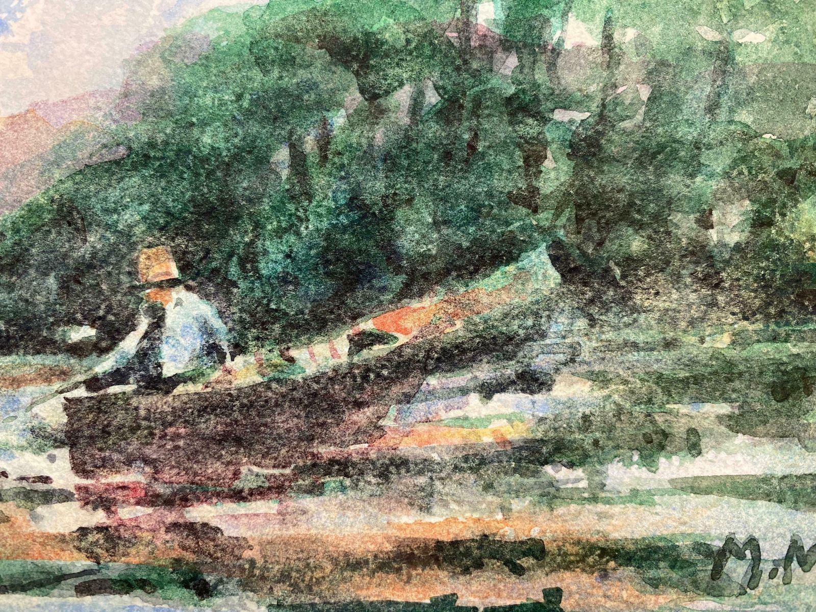 Maurice Mazeiliefrench Impressionist Signed Watercolour   Fisherman In Tranquil Lake photo for sale