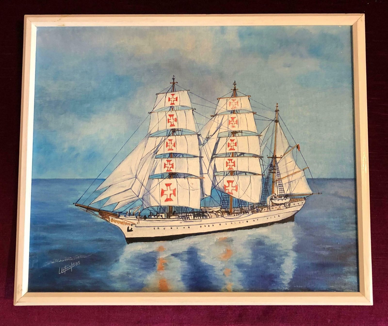 Louis Letouchesagres Ship Portrait Signed Oil Paintingc. 1983 photo furniture