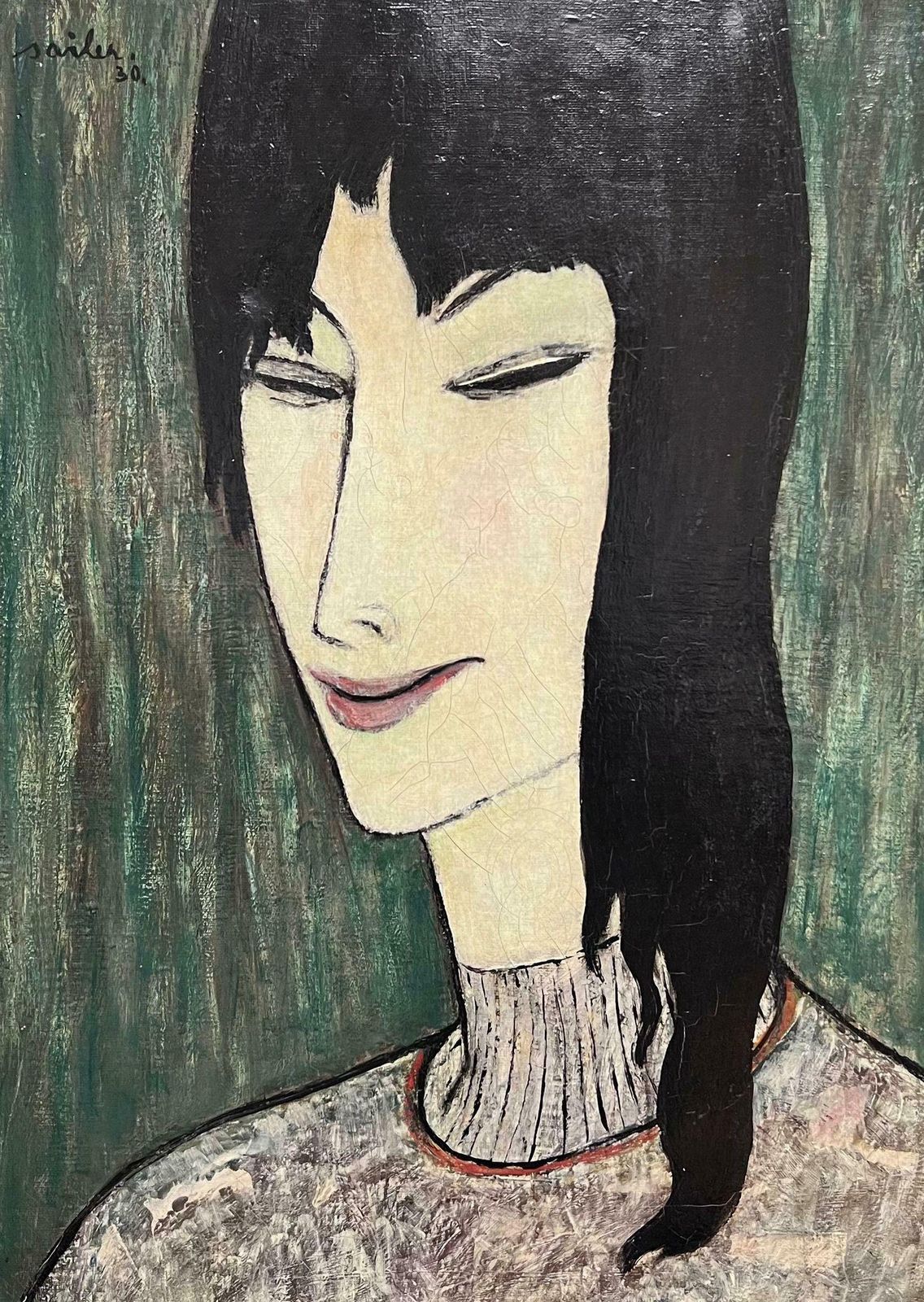 Anton Sailer1930's French Modernist Portrait Of Black Haired Lady With Fringe Signed Oil 1930