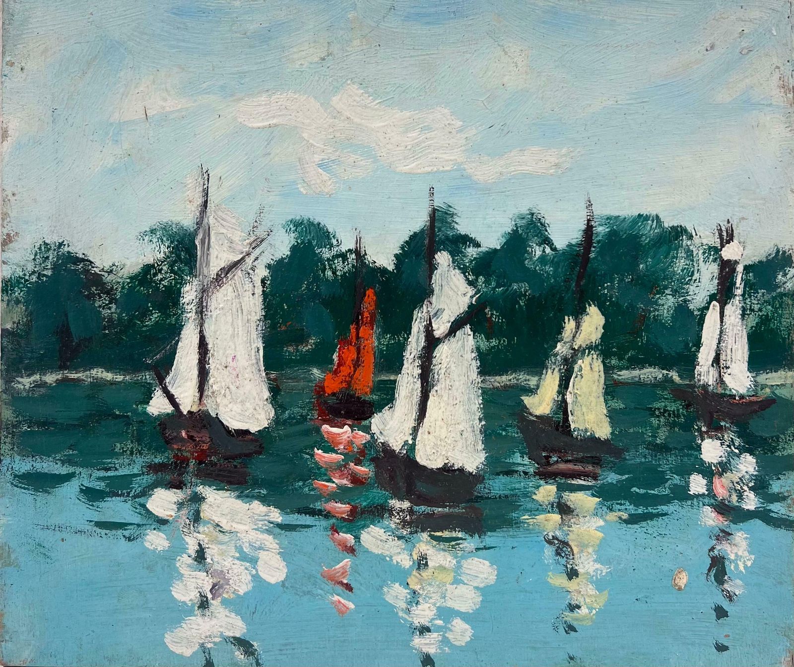 Fanch Lelsailboats On Calm Waters With Lush Forest Backdrop Under A Bright Sky20th Century photo Art