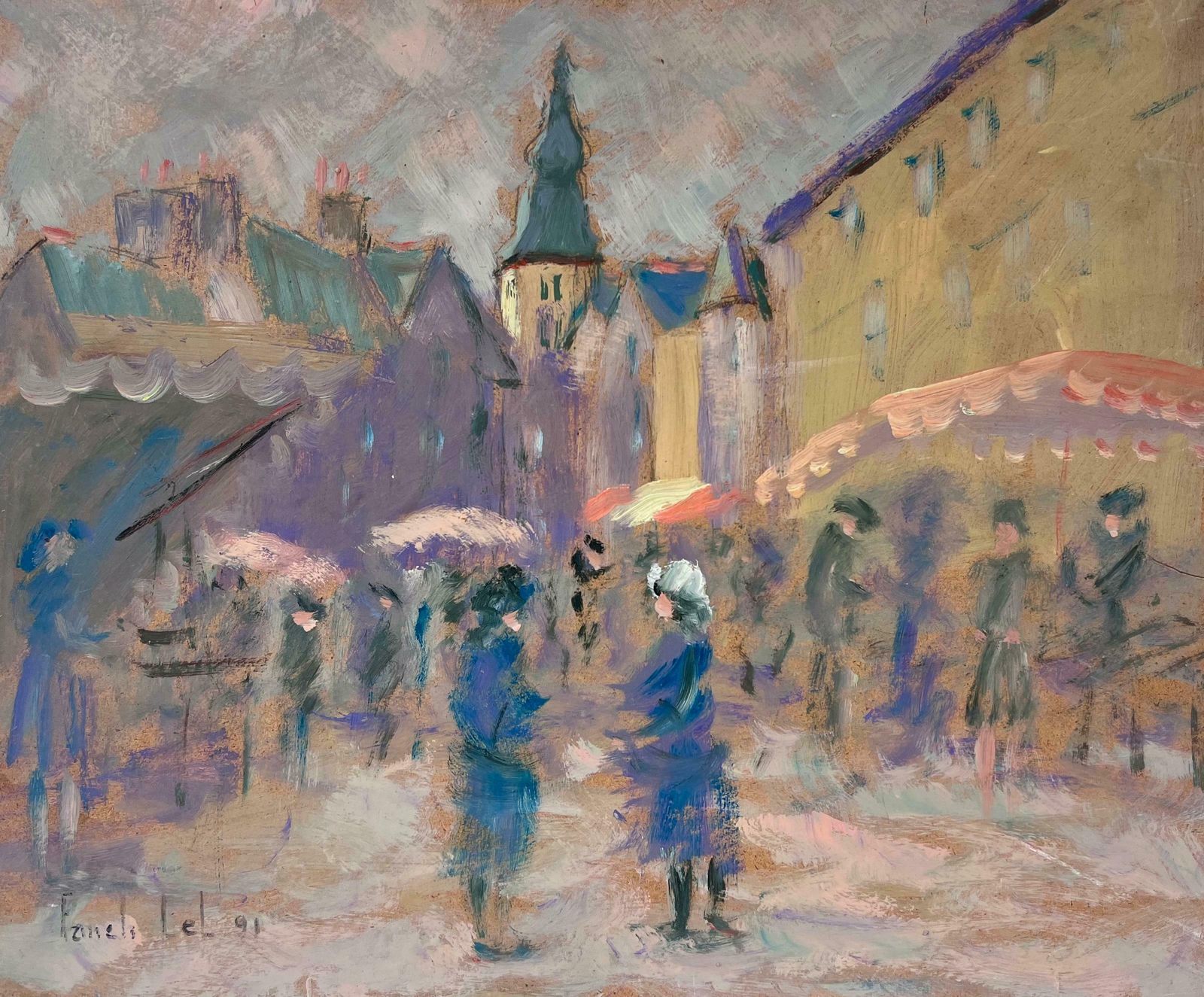 Fanch Lelfigures With Umbrellas Walking Through The Rainy Market Town French Oil20th Century
