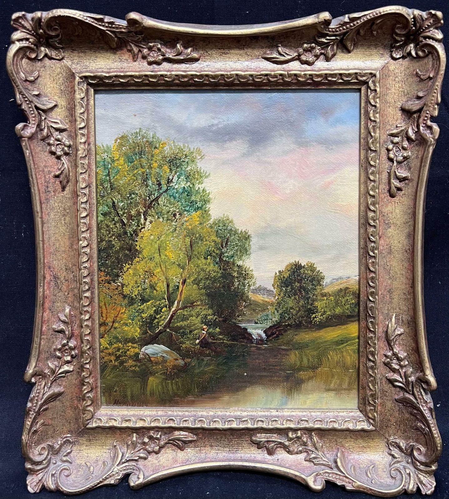 English Victorian Oil Signed 19th Century British Oil Painting Angler On Golden Light River19th Century