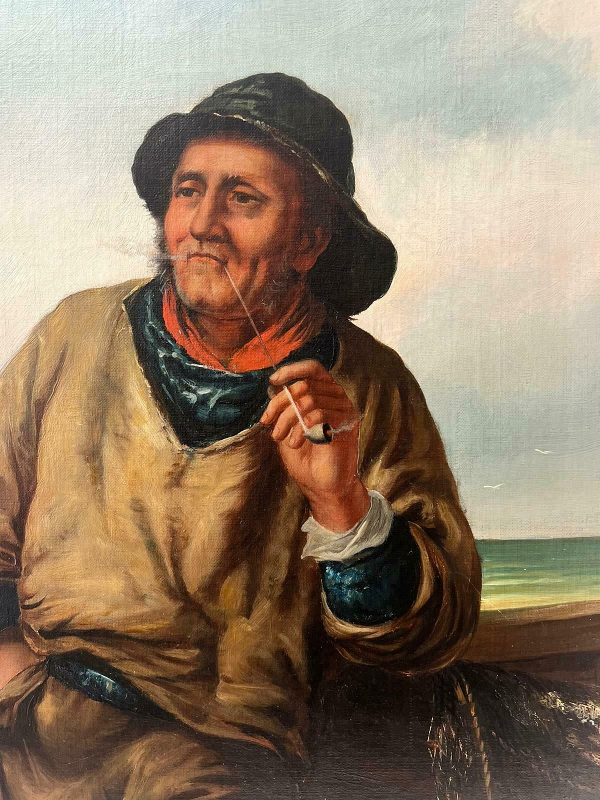 19th Century Newlyn Schoolcornish Fisherman Standing Smoking Clay Pipe Antique Newlyn School Oil Portrait photo furniture