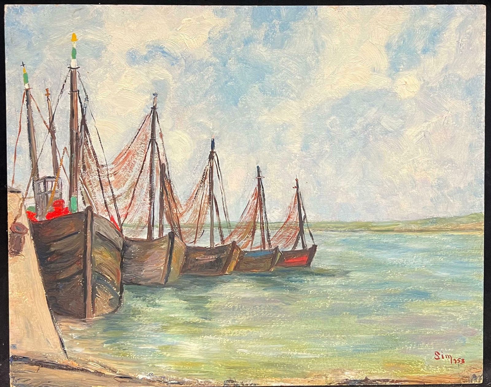 Simone Forge1950's French Impressionist Fishing Boats Moored Harbour Estuary photo furniture