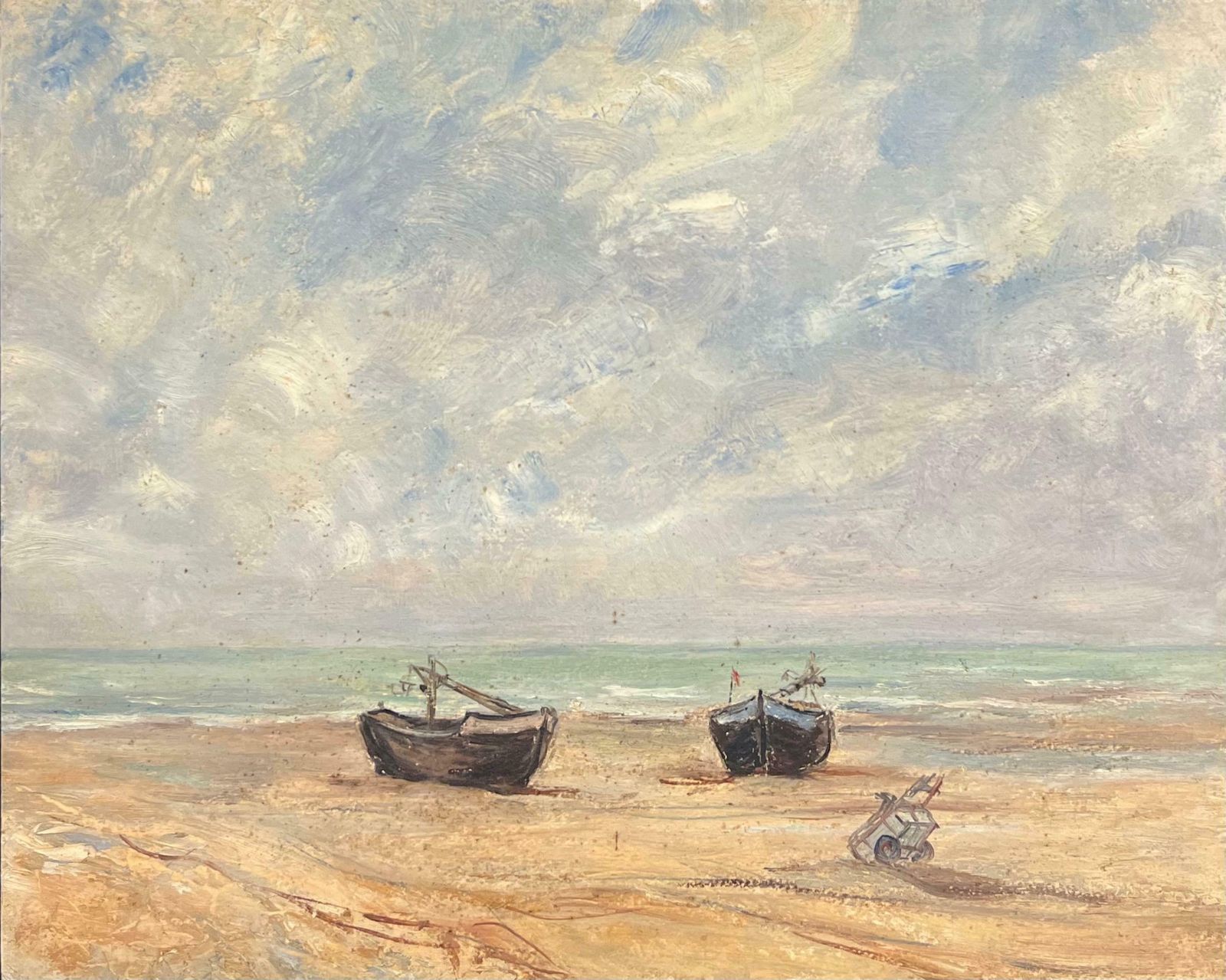 Simone Forgemid Century French Impressionist Oil Beached Boats Sandy Coastline Beach Sea