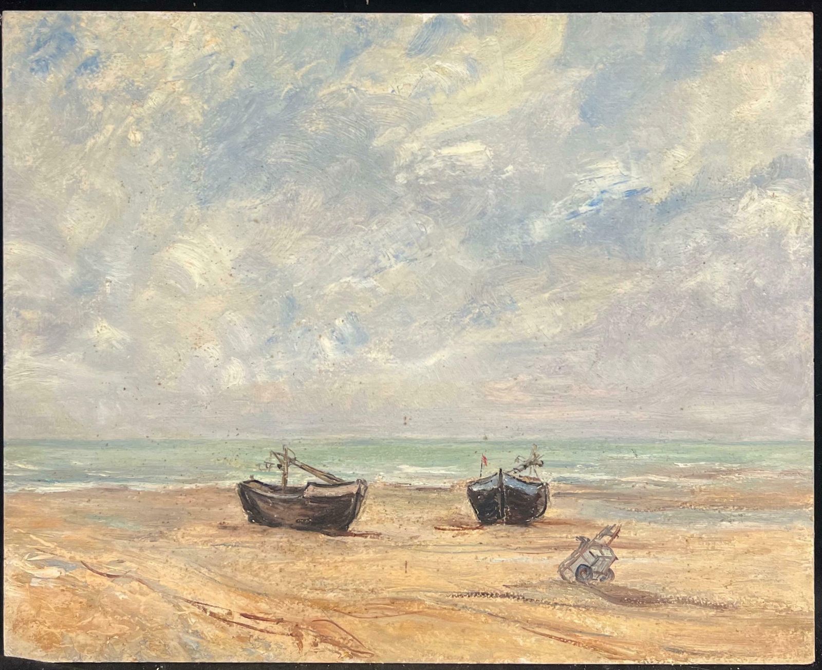 Simone Forgemid Century French Impressionist Oil Beached Boats Sandy Coastline Beach Sea photo furniture