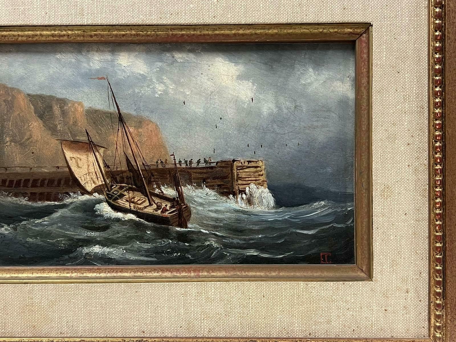 French 19th Centuryantique French Oil Painting Sailing Ships On Choppy Seas In Stiff Breeze photo Art