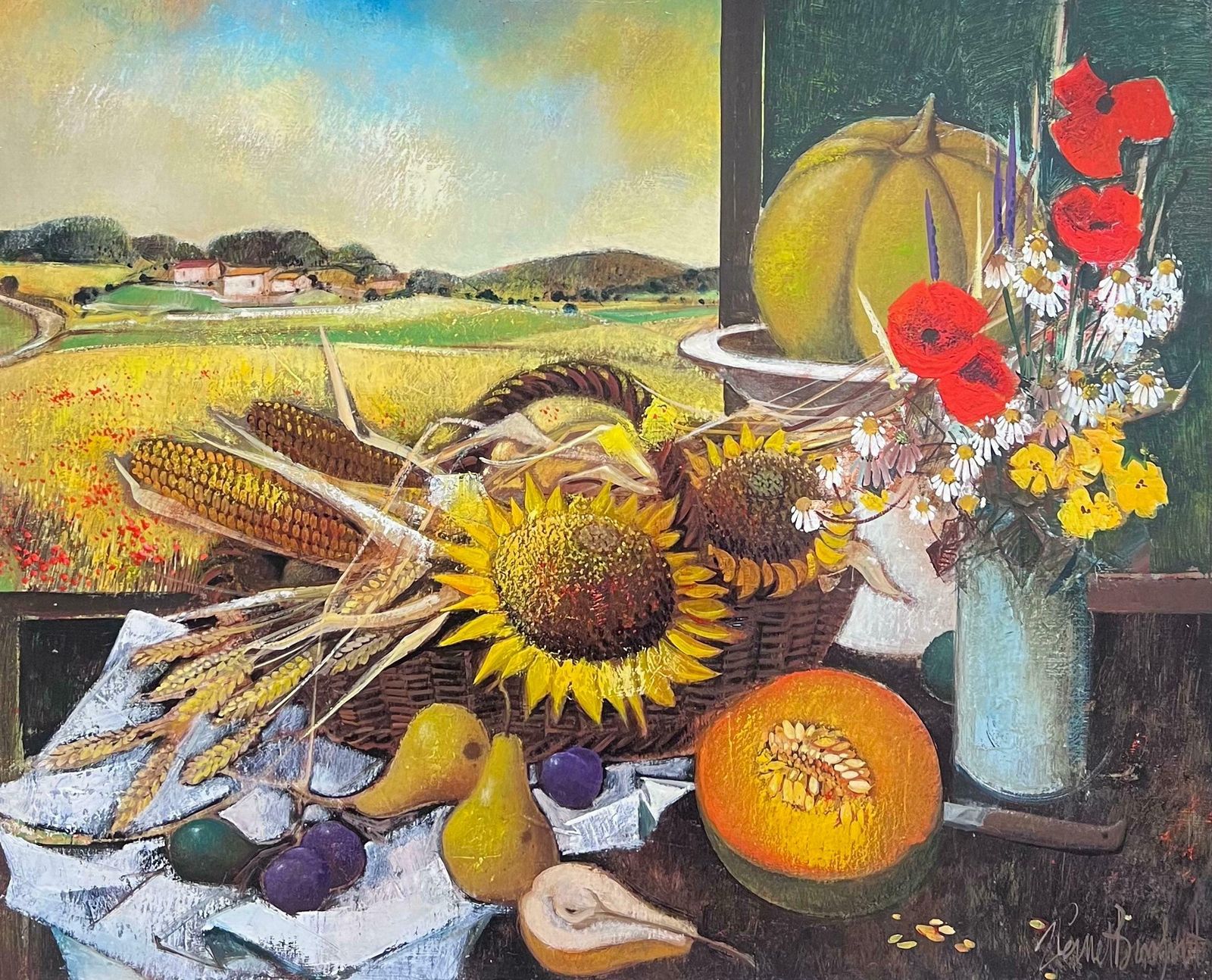 Robert Vernet Bonfortlarge French Modernist Signed Oil Painting Harvest Fruits & Flowers In Provence1987 photo furniture