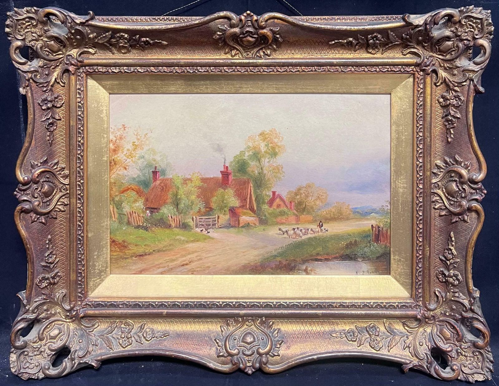 British Victorianantique English Signed Oil Painting Shepherd Leading Sheep Village Country Lane19th Century