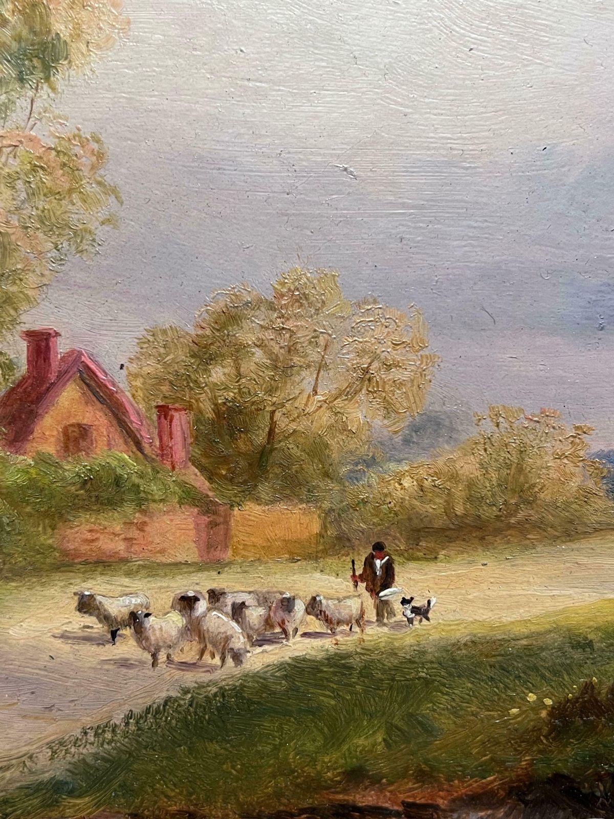 British Victorianantique English Signed Oil Painting Shepherd Leading Sheep Village Country Lane19th Century photo buy
