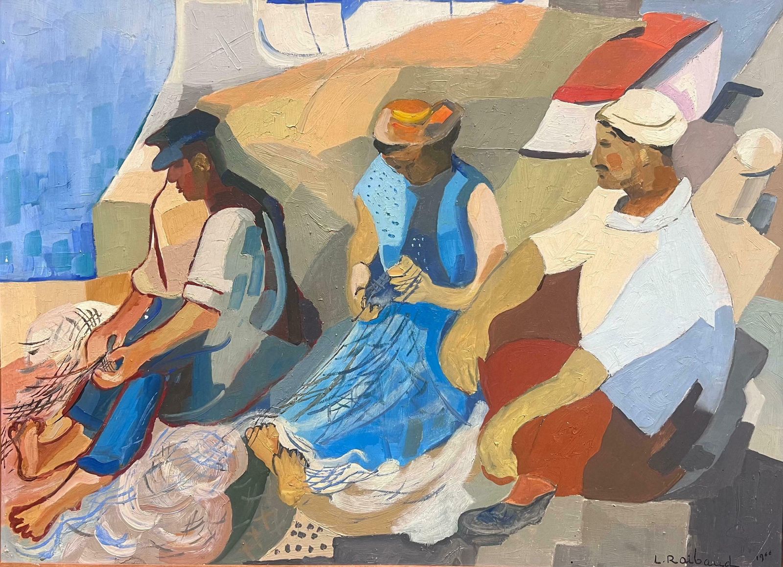 French 1960'sfisherfolk Tending Nets Marseille Harbor 1960's French Signed Modernist Oil 1966 photo for sale