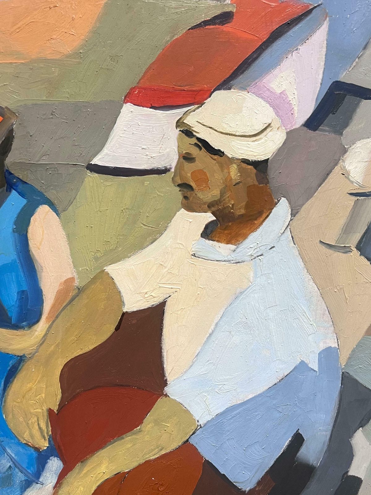 French 1960'sfisherfolk Tending Nets Marseille Harbor 1960's French Signed Modernist Oil 1966 photo Art