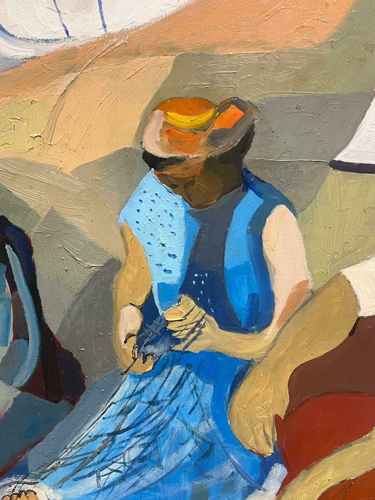 French 1960'sfisherfolk Tending Nets Marseille Harbor 1960's French Signed Modernist Oil 1966 photo 1598.0