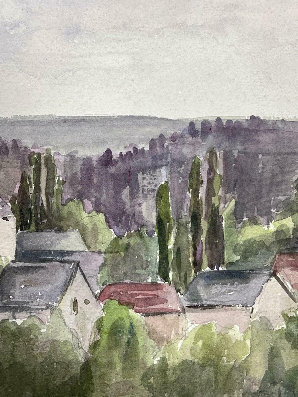 Louise Alix1930's French Impressionist Watercolour Village Church Roofs Landscape1940's photo for sale
