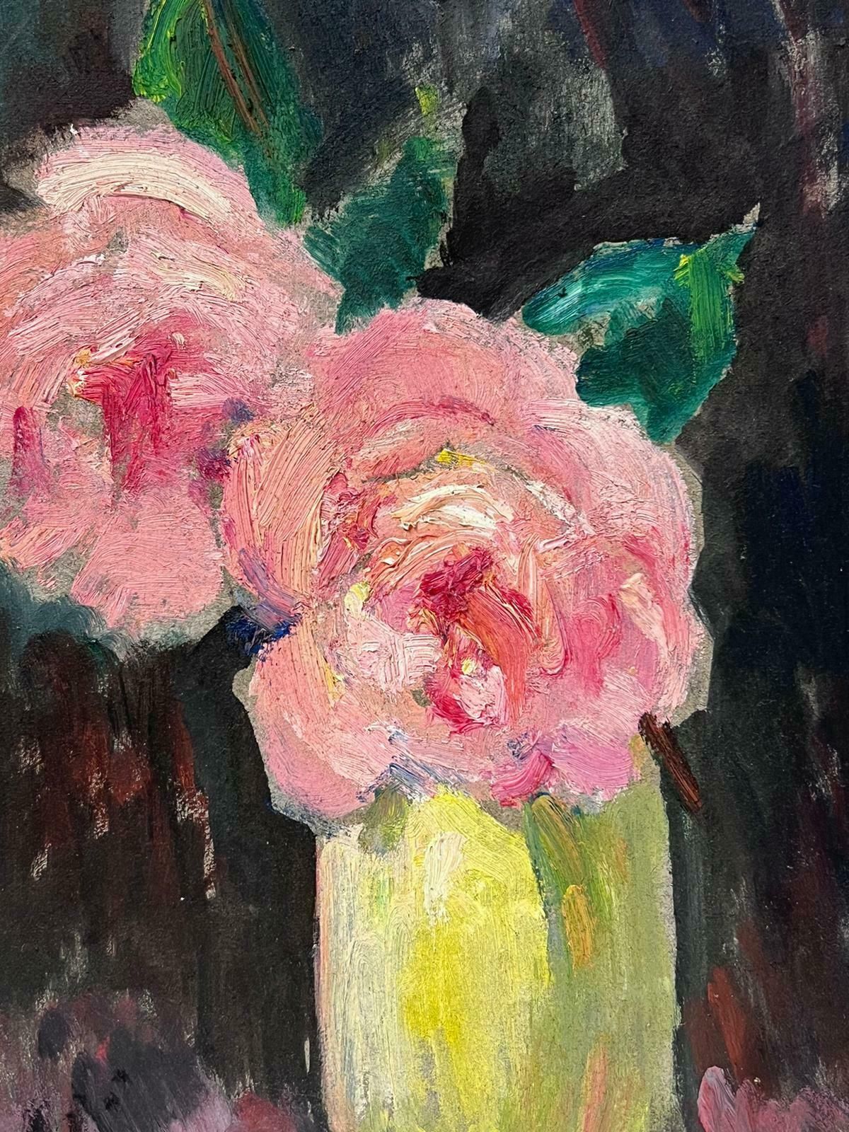 Louise Alixpink Roses In Green Vase 1940's French Impressionist Signed Oil Painting1940's photo for sale