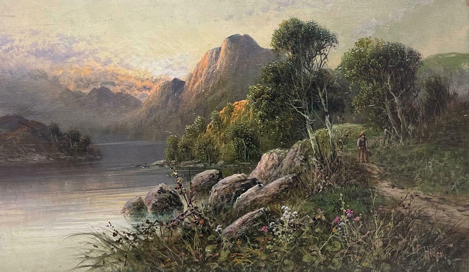 Frank Hider (C. 1861–1933)summers Evening In The Scottish Highlands Antique Oil Painting Sunset Loch View19th Century photo for sale