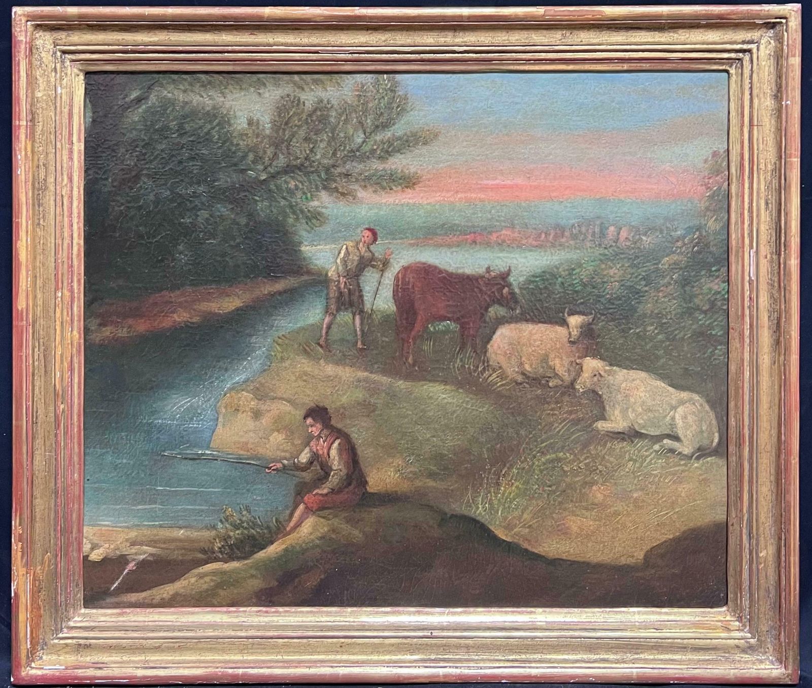 Dutch 18th Centuryromantic Light 18th Century Dutch Oil Pastoral Scene Bergers Cattle By River18th Century