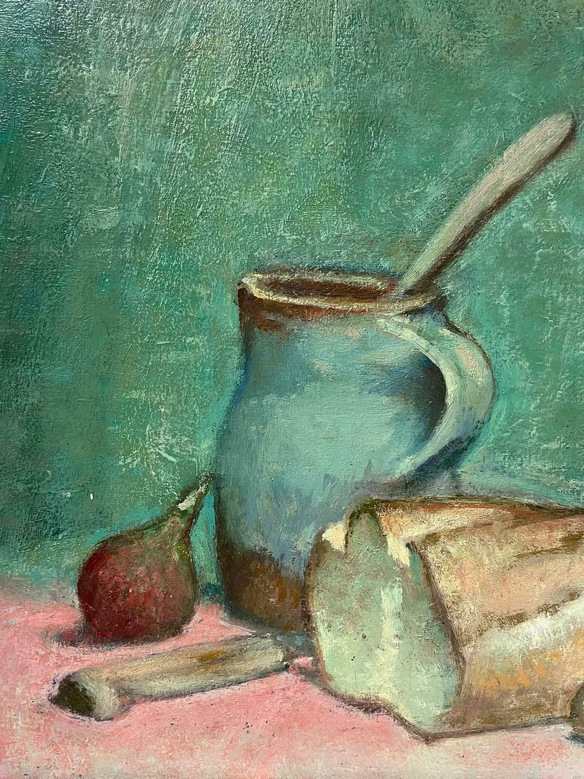 Jacob Markiel (Polish 1911 2008)1950's Beautiful Still Life Bread Fig & Walnut Turquoise Colors, Signed Painting photo furniture