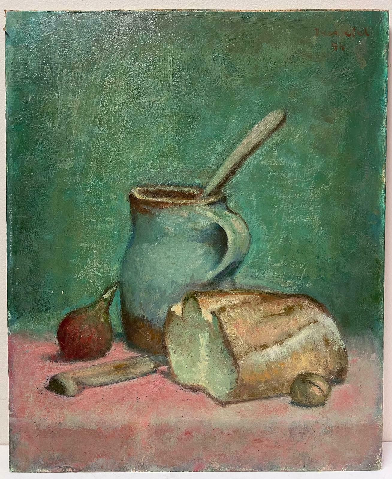 Jacob Markiel (Polish 1911 2008)1950's Beautiful Still Life Bread Fig & Walnut Turquoise Colors, Signed Painting photo 1206.0