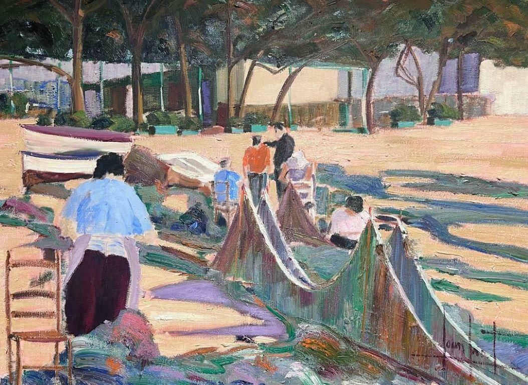 Spanish Artisthuge Spanish Modernist Oil Painting Fisherfolk Drying Nets On The Shore Signed photo furniture