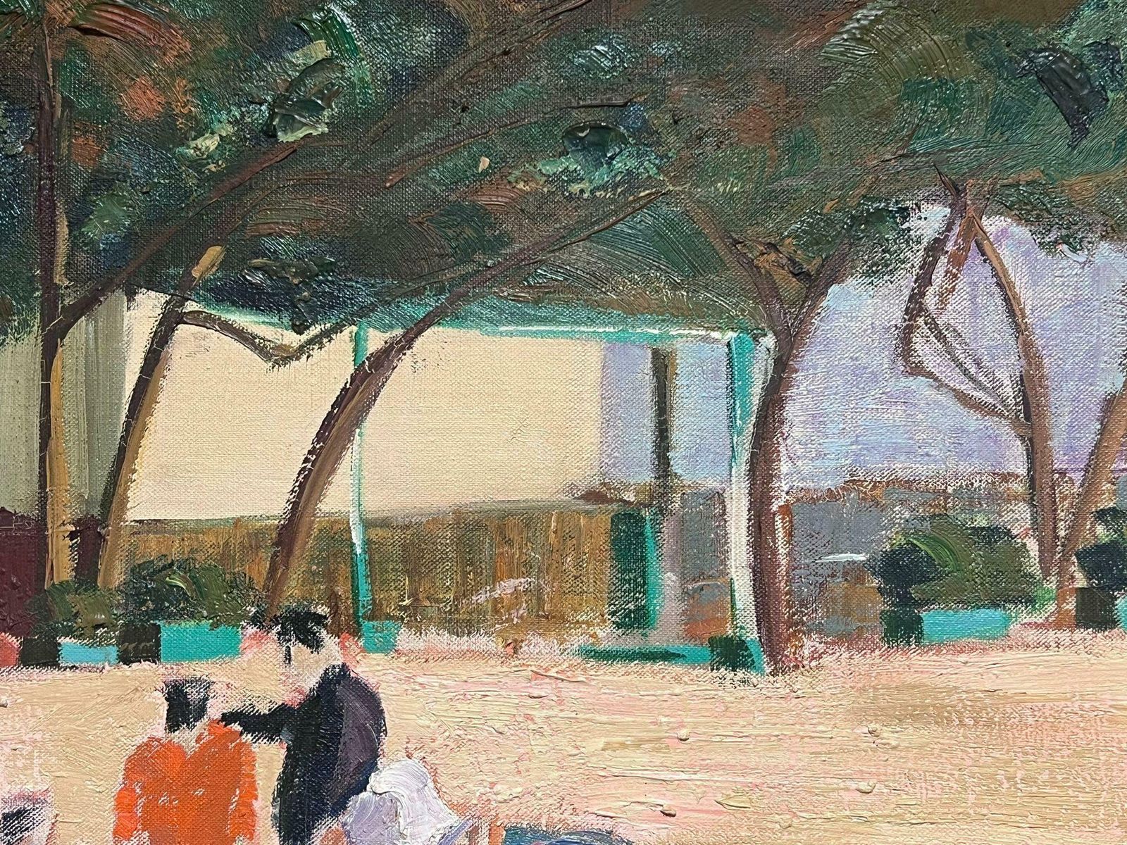 Spanish Artisthuge Spanish Modernist Oil Painting Fisherfolk Drying Nets On The Shore Signed photo Art