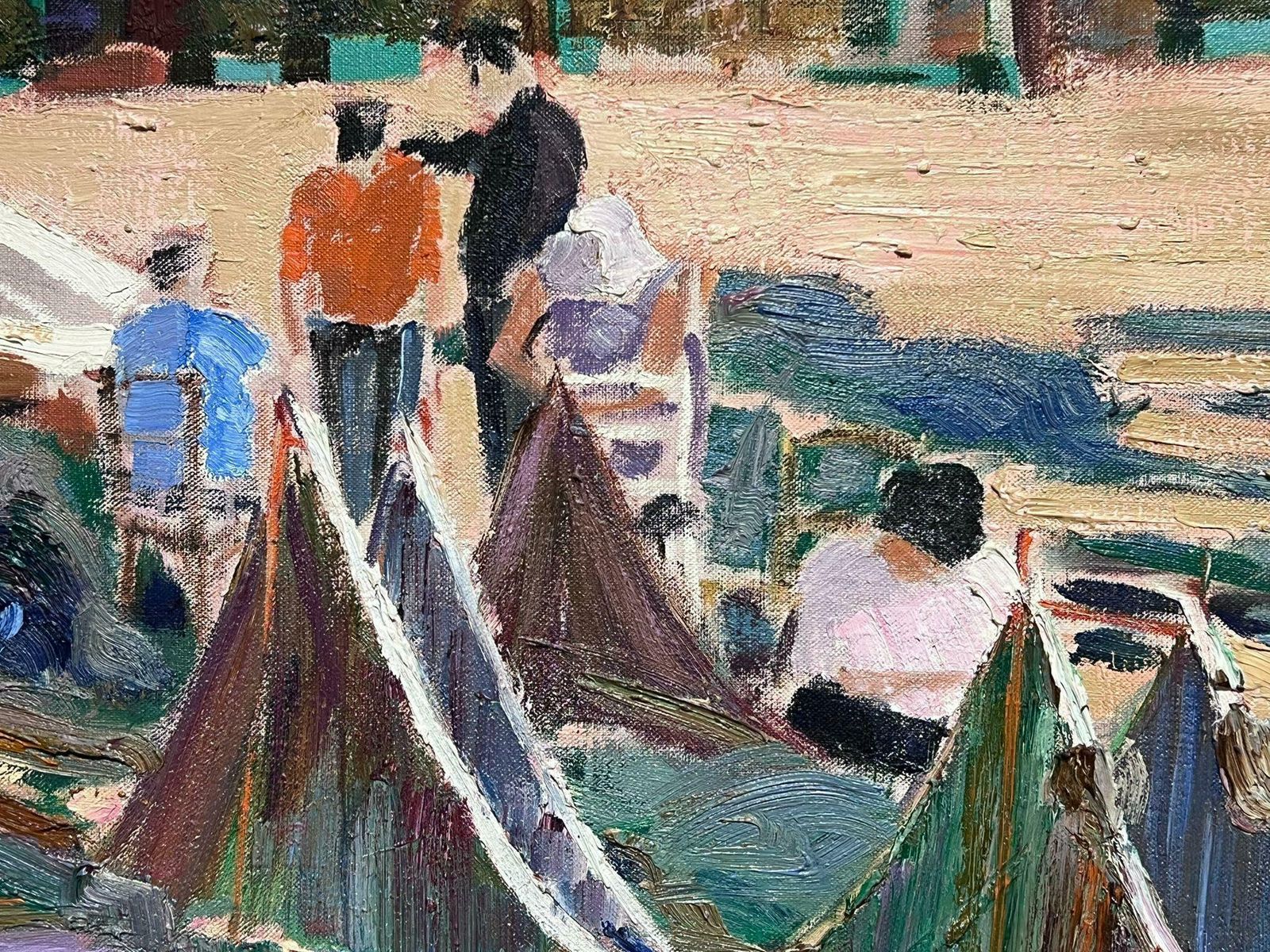 Spanish Artisthuge Spanish Modernist Oil Painting Fisherfolk Drying Nets On The Shore Signed photo 2393.0