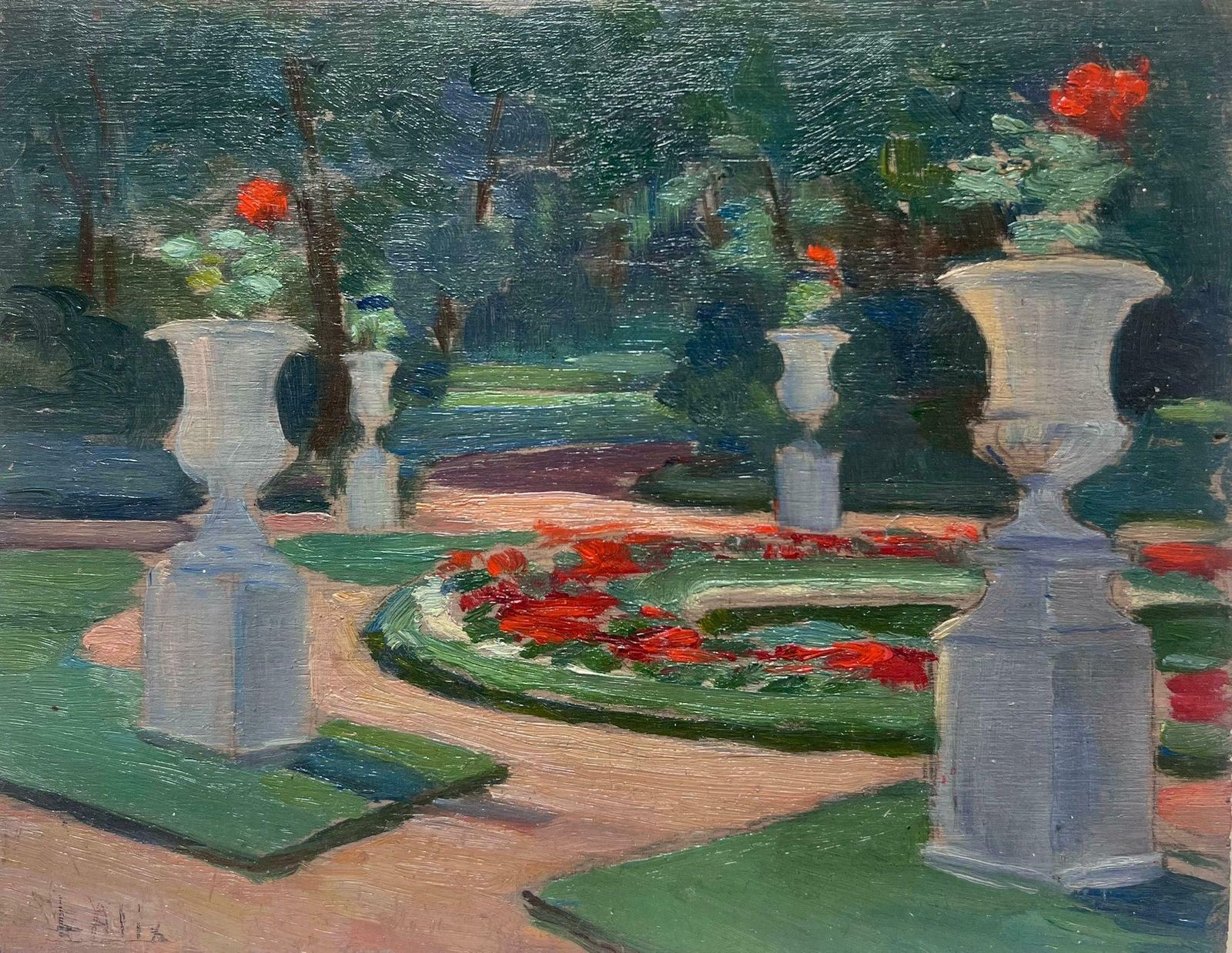 Louise Alix1950's French Park Gardens With Flower Beds & Stone Urns Fine Original Oil 1940's photo furniture
