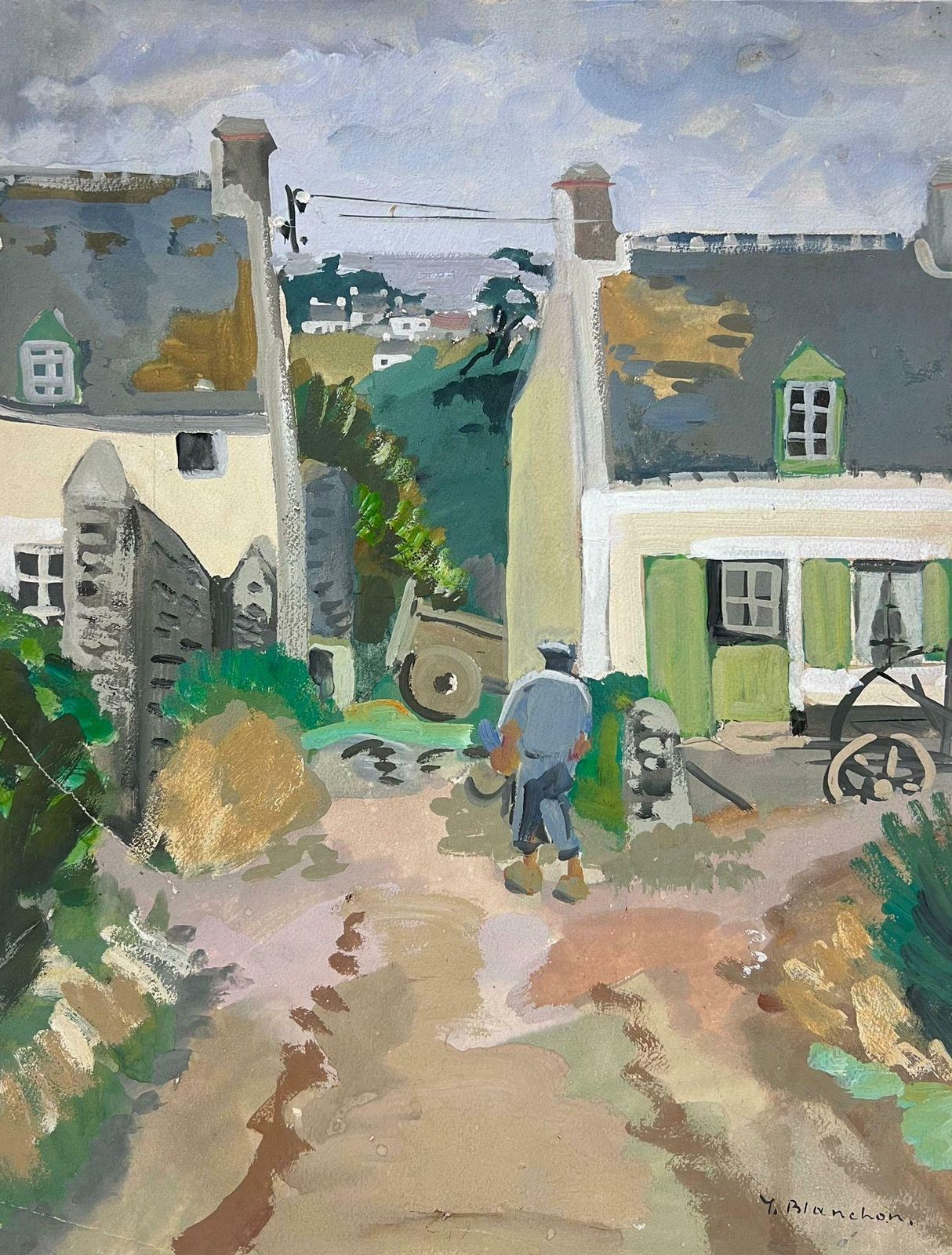 Y. Blanchongrey Figure Walking Through French Courtyard 1930's Impressionist1930's photo furniture