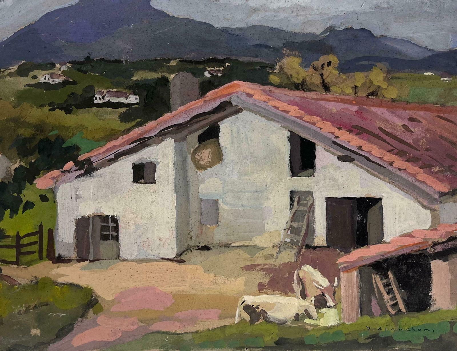 Y. Blanchonred Roof Farm Barn Yard Gouache 1930's French Impressionist1930's photo vinterior