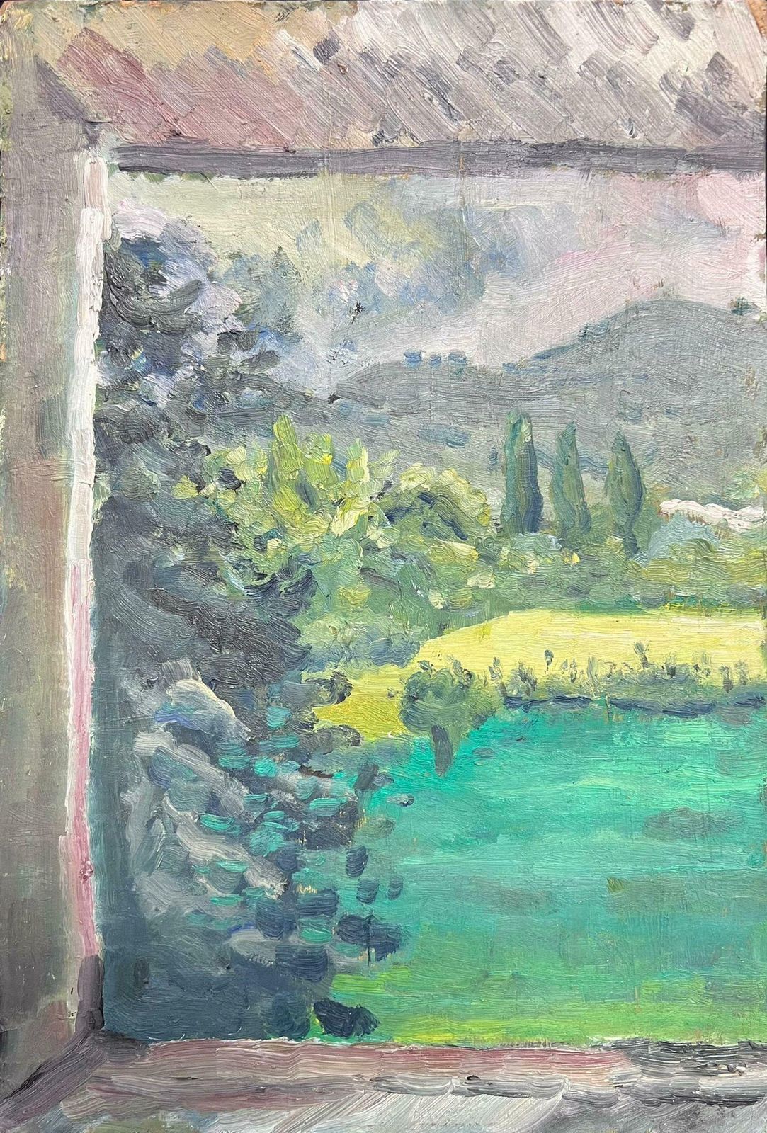 Regine Davidwindow View Of Verdant Landscape Expressive Oil Painting1950's