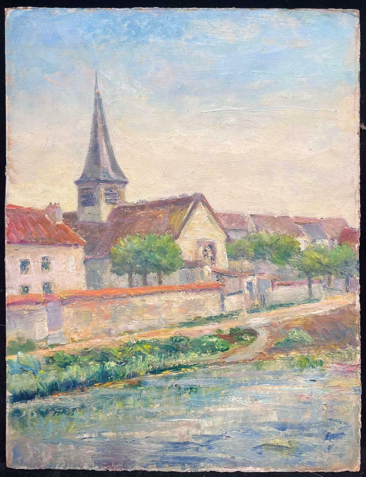 Regine Davidcharming Village By The River Bank Scene Oil Painting1950's photo furniture