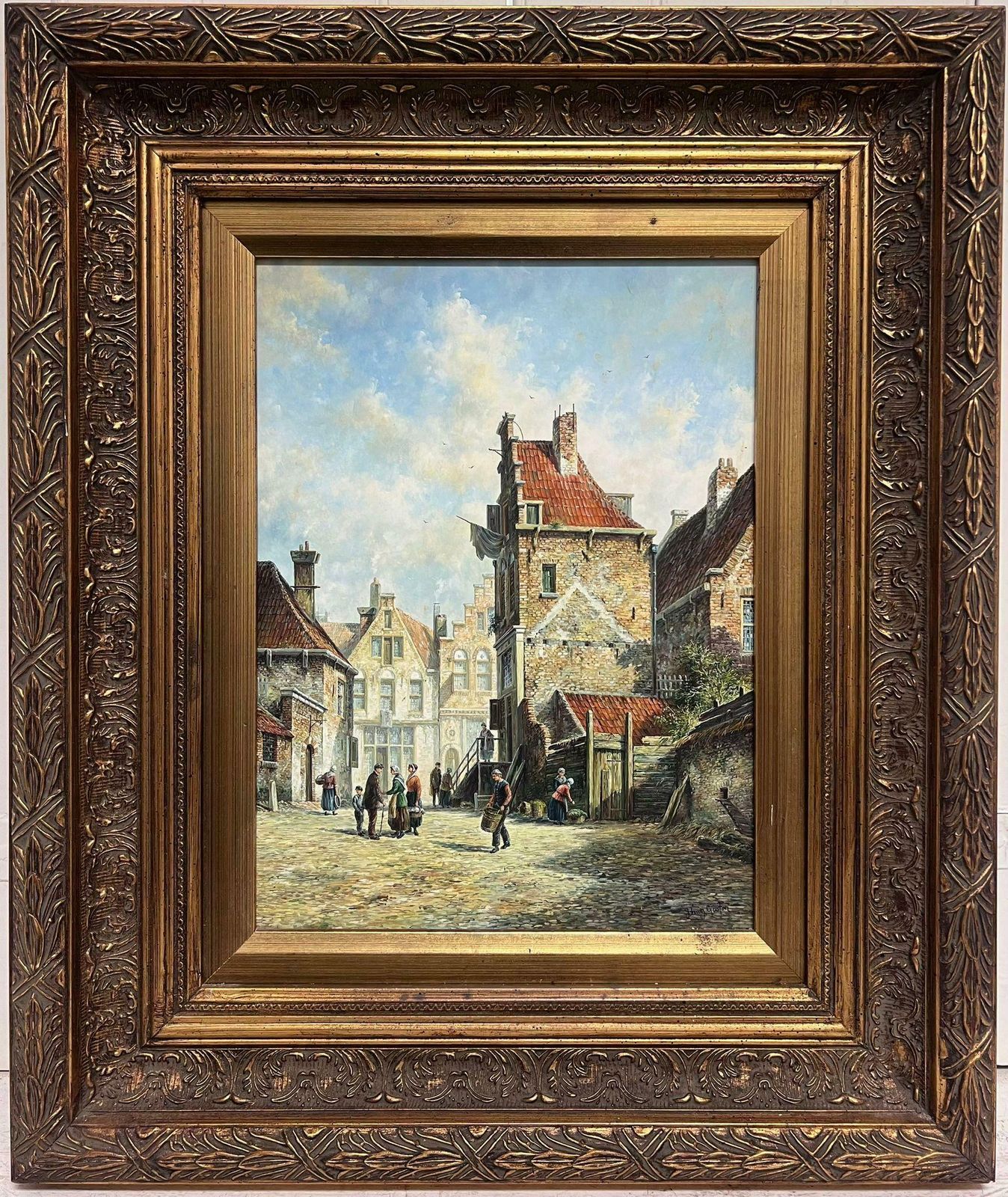 Jonny Gastonclassical Dutch Old City Street Scene Figures Old Buildings Signed & Framed Oil