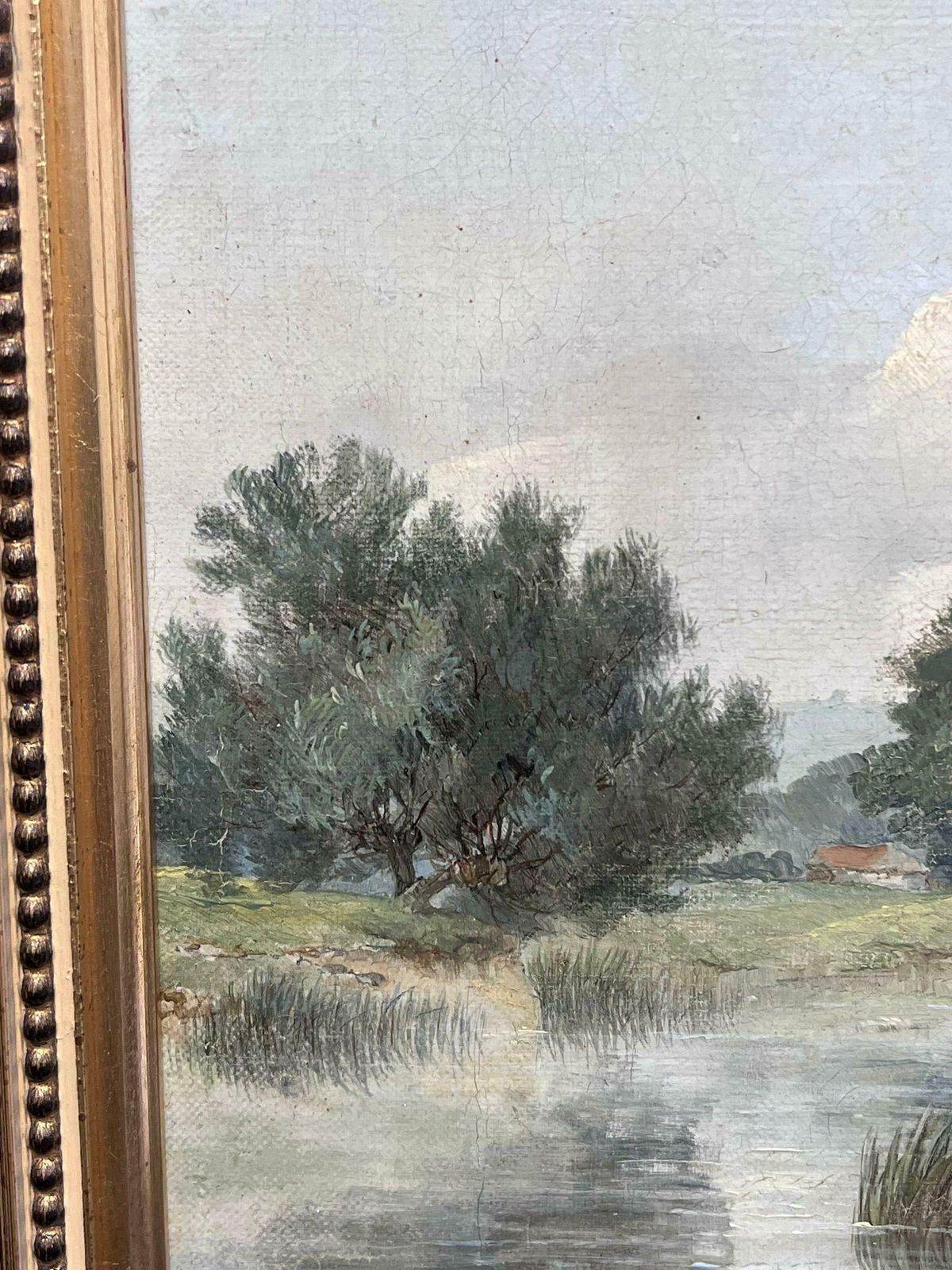 British School Tranquil Pastoral Riverbank Grazing Cows Antique 19thc Painting Nottinghamshire1853 photo vinterior