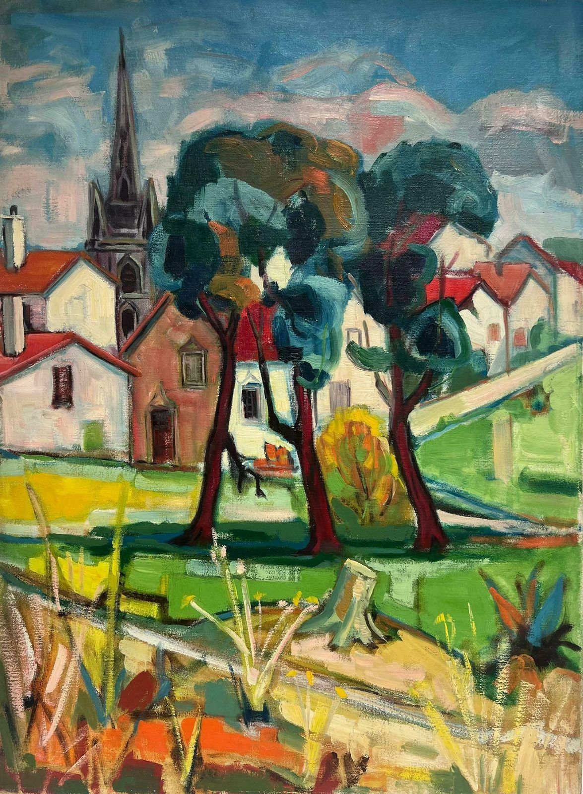 Michel Kritz 1960's French Modernist Cubist Oil Painting View Of An Old French Town