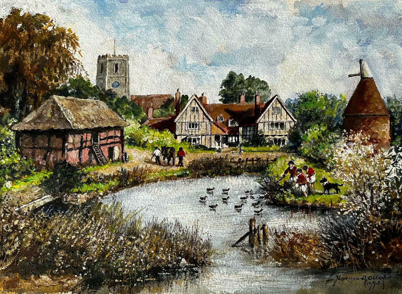 Norman A Olleythe Huntsman Feeding The Ducks In A Peaceful Kentish Town Landscape